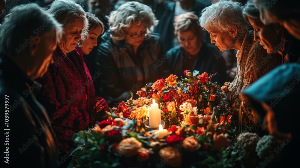 A group of people are gathered around a candle in a flower arrangement A group of people are gathered around a candle in a flower arrangement