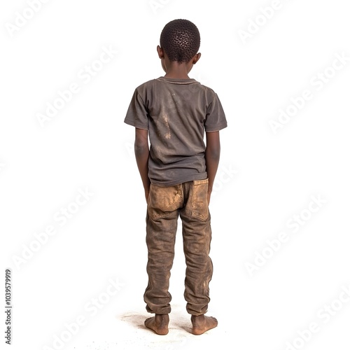 Young Afro Boy Standing with Back and Side View in Casual Attire Against White Background