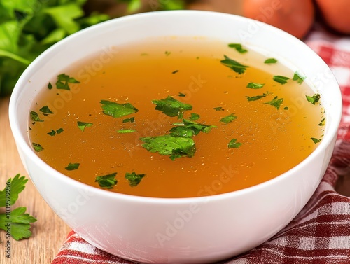 Deliciously rich soup broth infused with aromatic herbs and spices for a vibrant, flavorful experience.