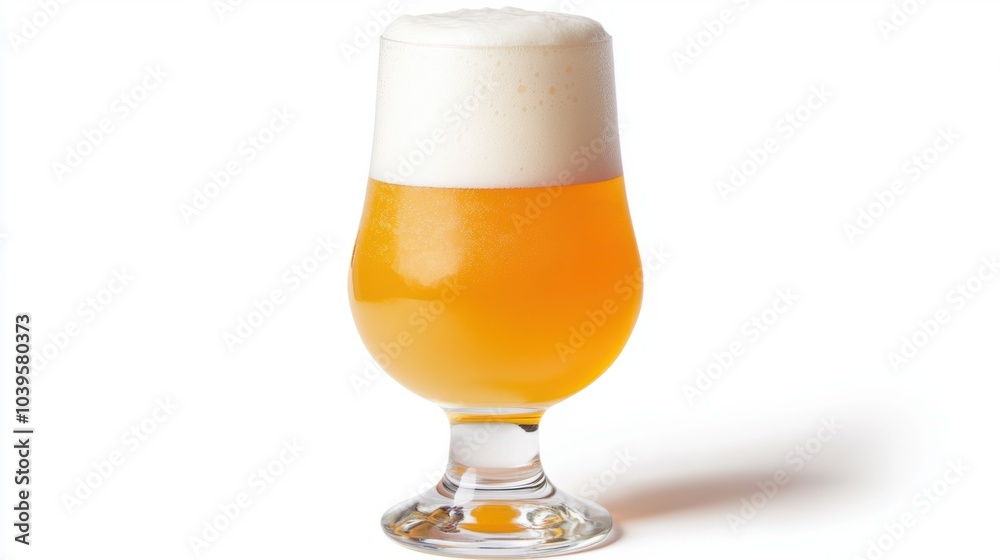 Glass of wheat beer with a smooth foam top, slightly hazy color, isolated on white background Glass of wheat beer with a smooth foam top, slightly hazy color, isolated on white background