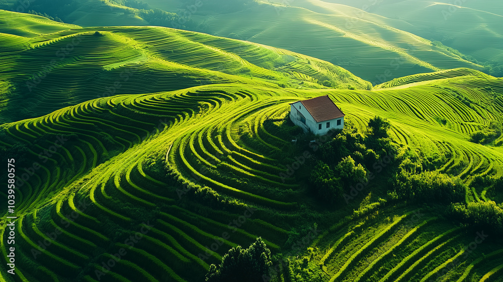 Fototapeta premium View of a large green field with a small house.