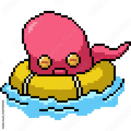 pixel art of octopus life buoy swim