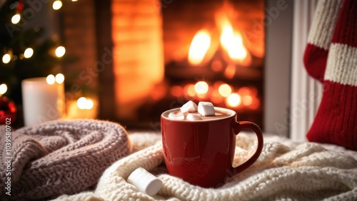 Cozy New Year card, hot cocoa in a festive mug, fireplace in the background