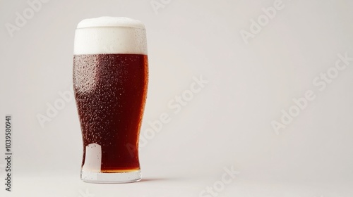 Pint of amber ale with a frothy white head, condensation forming on the glass, isolated on white background