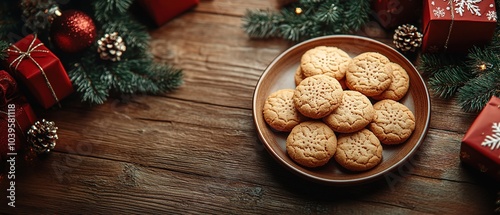 A plate with delicious and beautiful cookies stands on a wooden table with New Year's toys and gifts, Christmas atmosphere and pine branches