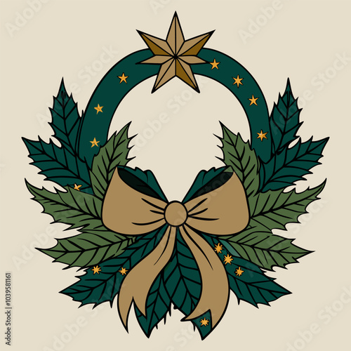 Festive holiday wreath with star and bow in vintage style illustration