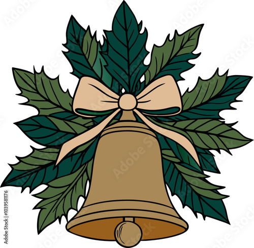 Festive bell with green leaves and bow illustration for holiday decoration