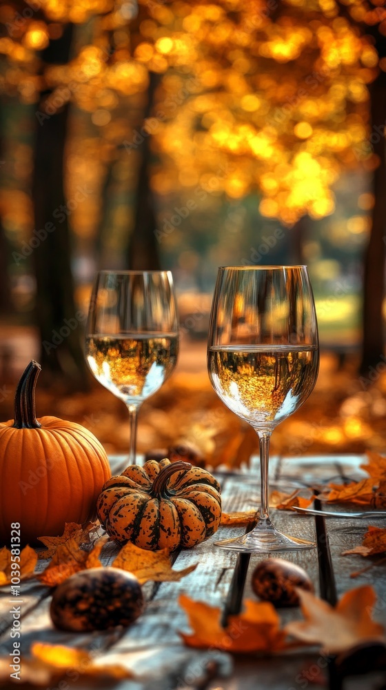 Two elegant wine glasses filled with sparkling wine sit on a rustic table adorned with pumpkins and colorful autumn leaves, creating a warm Thanksgiving atmosphere Two elegant wine glasses filled with sparkling wine sit on a rustic table adorned with pumpkins and colorful autumn leaves, creating a warm Thanksgiving atmosphere