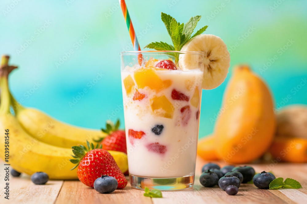 A mixed fruits lassi drink made of cream, milk, slices of mango, banana, strawberries and blueberries, served chilled. A cool healthy refreshing glass of blended mocktail to quench a summer thirst. A mixed fruits lassi drink made of cream, milk, slices of mango, banana, strawberries and blueberries, served chilled. A cool healthy refreshing glass of blended mocktail to quench a summer thirst.
