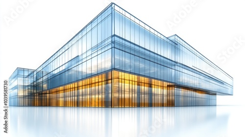 Contemporary business building with reflective glass surfaces and sleek lines, isolated on white background