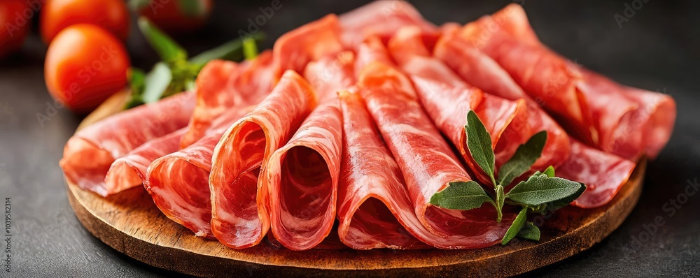 Delicious cured meat slices arranged on a wooden board with herbs and tomatoes. Delicious cured meat slices arranged on a wooden board with herbs and tomatoes.