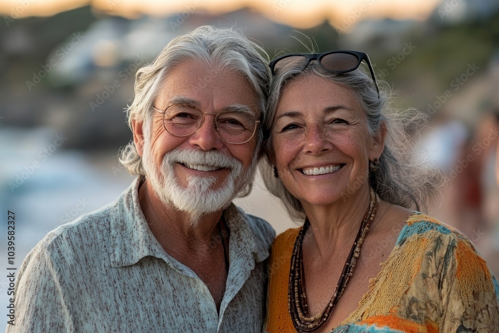 Retired senior couple smiling happily at the beach, Generative AI Retired senior couple smiling happily at the beach, Generative AI