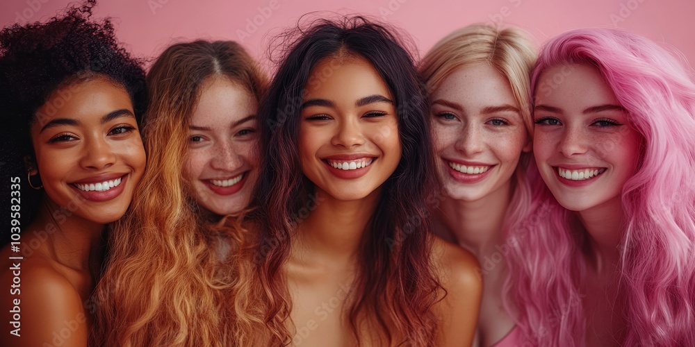 Diverse group of women smiling in a studio, Generative AI Diverse group of women smiling in a studio, Generative AI