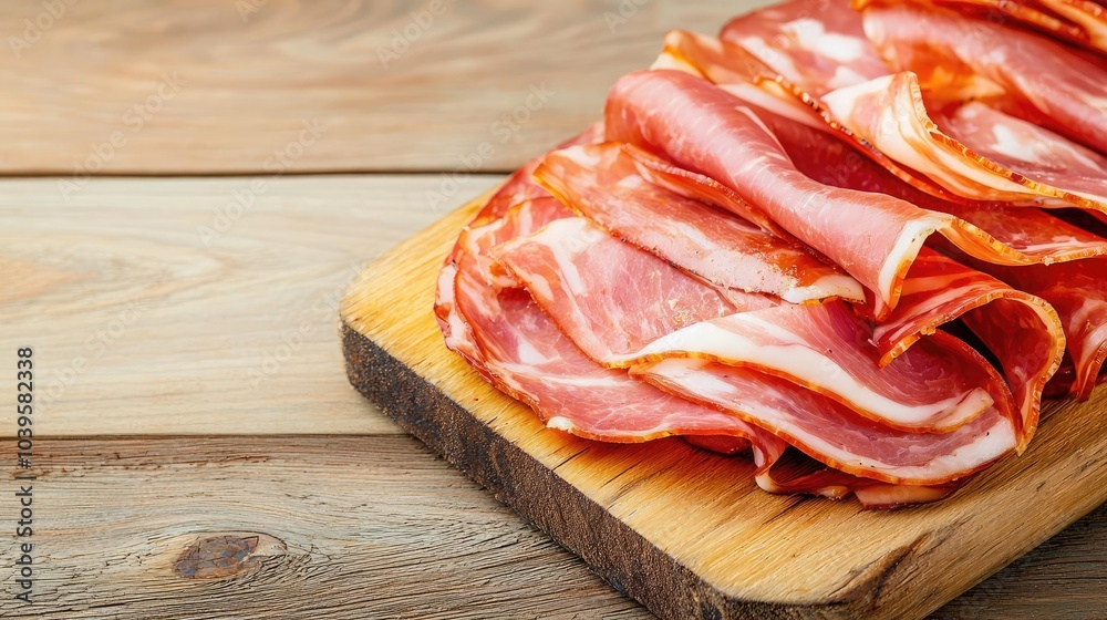 Sliced cured meat arranged on a wooden board. Sliced cured meat arranged on a wooden board.