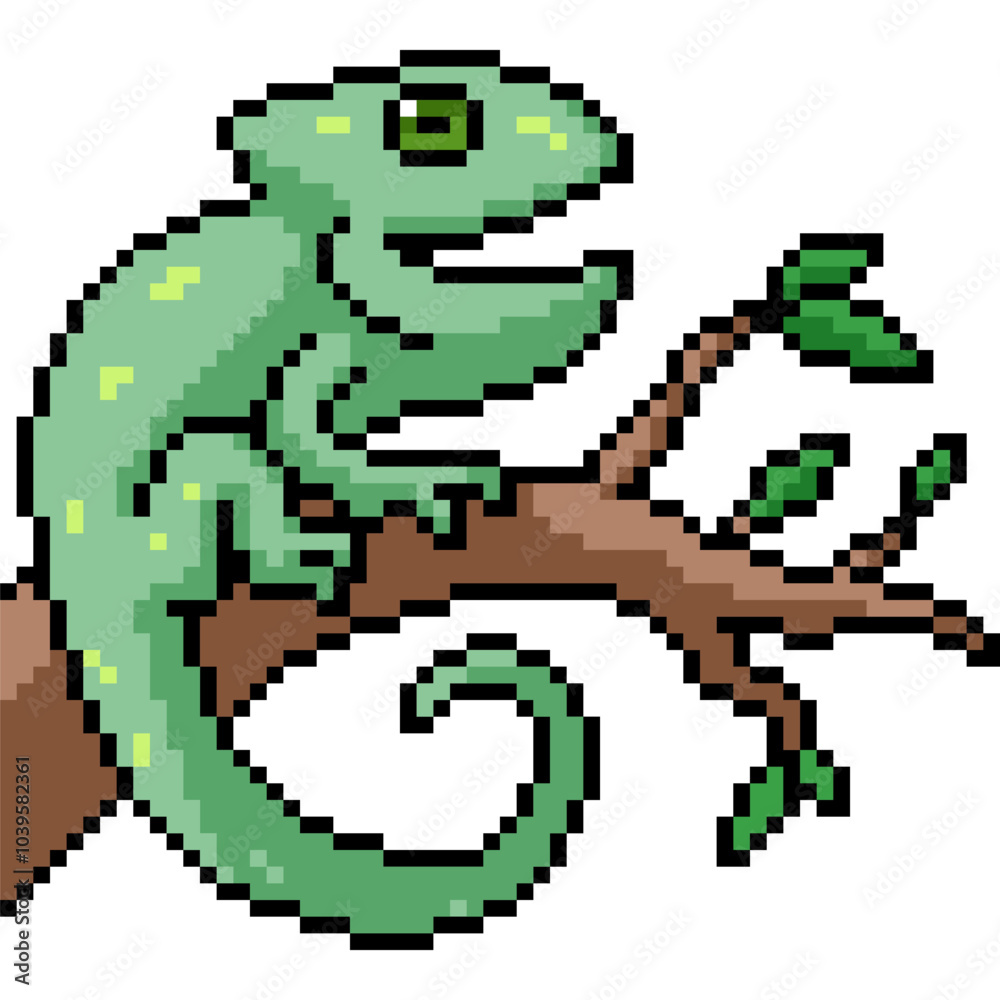 Fototapeta premium pixel art of green chameleon branch