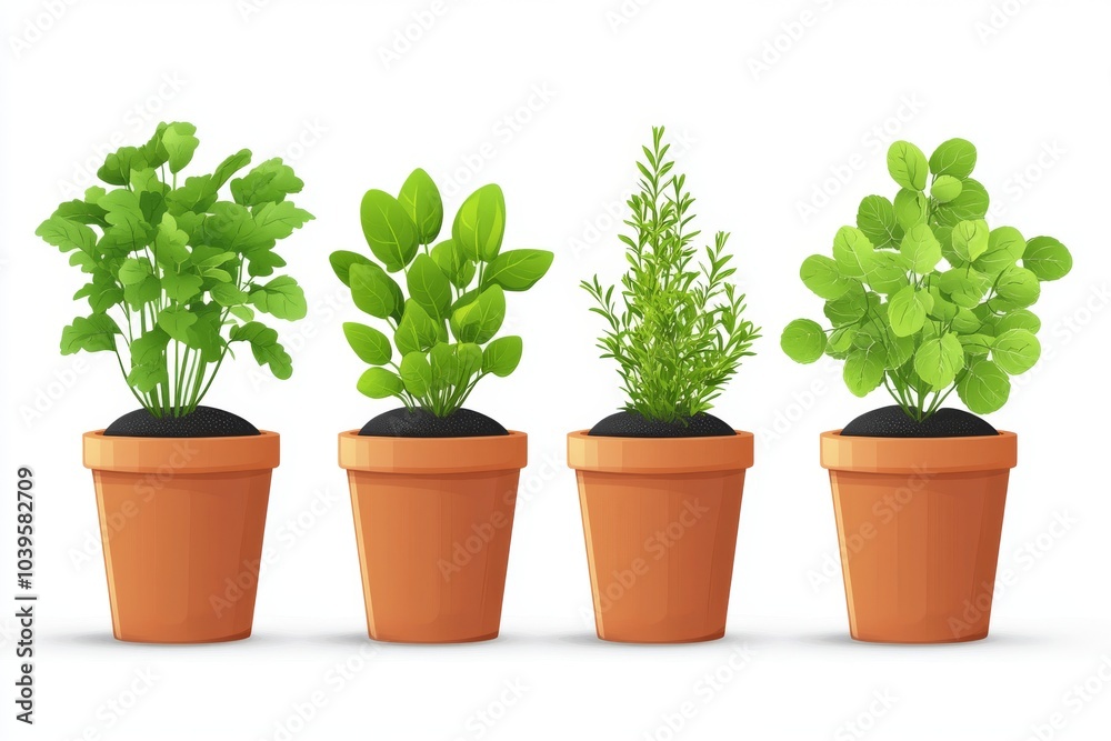 Fototapeta premium Potted leafy green plants in a row symbolizing home gardening eco friendly decor and sustainable indoor plant care for small spaces and apartments