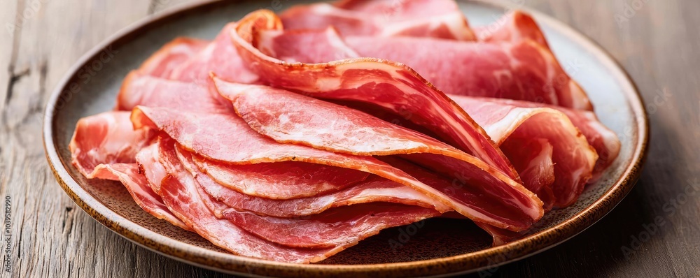 Sliced deli meat arranged on a brown plate, rustic wooden background. Sliced deli meat arranged on a brown plate, rustic wooden background.