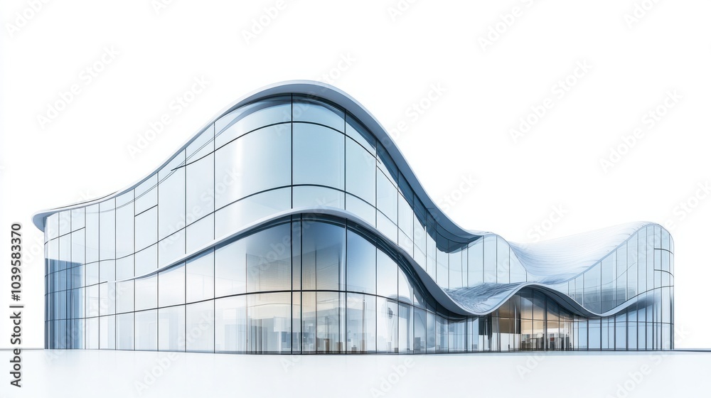 Fototapeta premium Futuristic office building with curved glass panels and reflective surface, isolated on white background