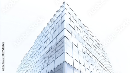 Glass-fronted office tower with clean, straight lines and sharp angles, isolated on white background