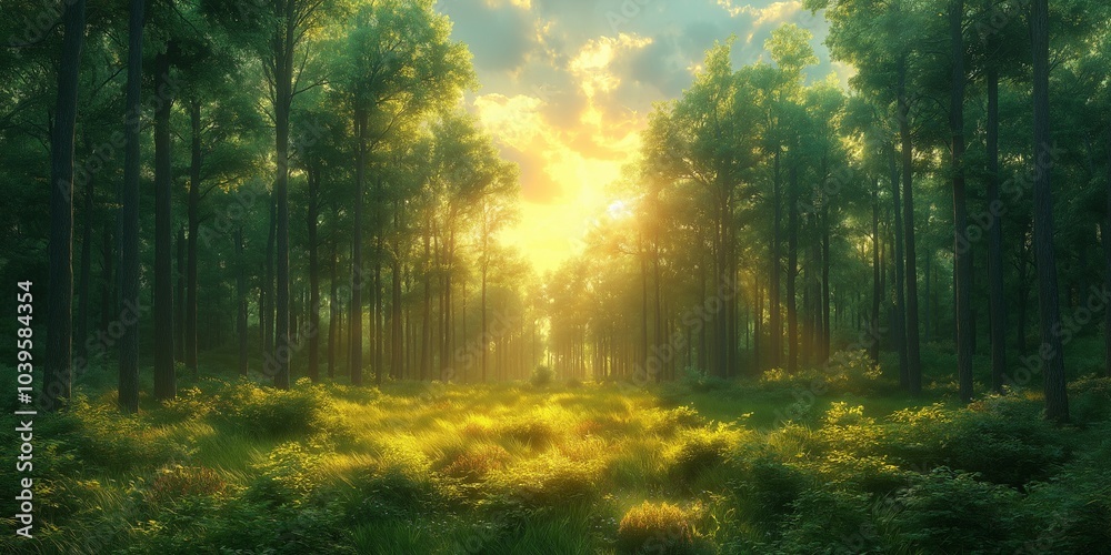 Deep forest trees and sunlight banner. Deep forest trees and sunlight banner.