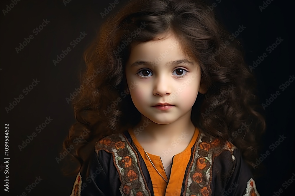 portrait of a beautiful little girl with long curly hair on a dark background portrait of a beautiful little girl with long curly hair on a dark background