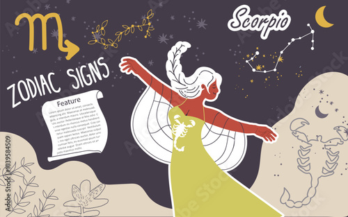 Collage, background, zodiac sign Scorpio. Modern stylish female character, avatar of astrological horoscope. Girl astrologer, trendy style. Flat hand drawn graphic vector illustration.