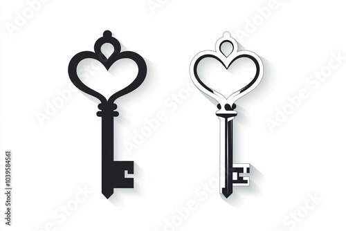 Two decorative keys with heart-shaped tops one black and one white displayed as minimalist illustrations with shadows  

