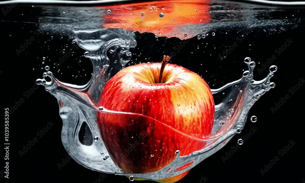 apple falls into the water on a black background