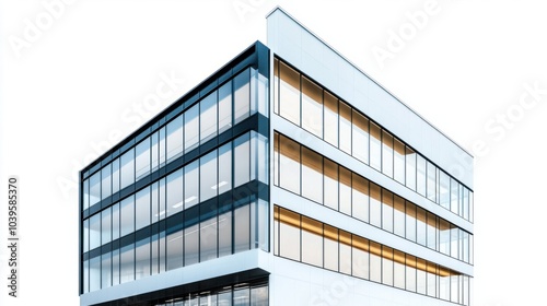 Modern glass-fronted office building with sleek, minimalist design, isolated on white background