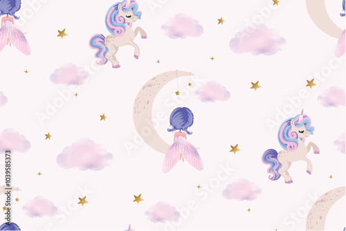 Cute girl on moon and lovely unicorn on clouds, vector illustration, seamless pattern design.