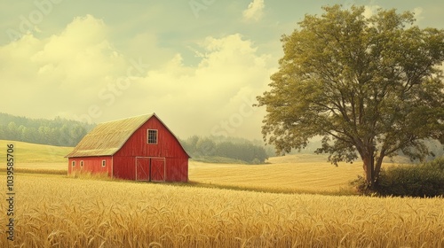 Farm Red Barn in Retro Vintage Style with Summer Nature Background