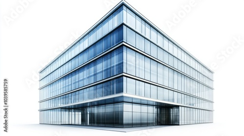 Modern office building with reflective glass walls and sleek metal framework, isolated on white background