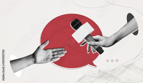Trendy Halftone Collage Hand holding microphone for interview. Social reportage. Journalist and press. Daily news. Red speech bubble message. Metaphor artwork. Contemporary vector illustration art
