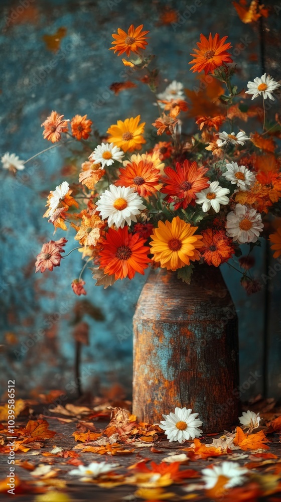 A vibrant arrangement of orange, white, and yellow flowers fills a rustic vase, set against a textured blue background with autumn leaves scattered around A vibrant arrangement of orange, white, and yellow flowers fills a rustic vase, set against a textured blue background with autumn leaves scattered around