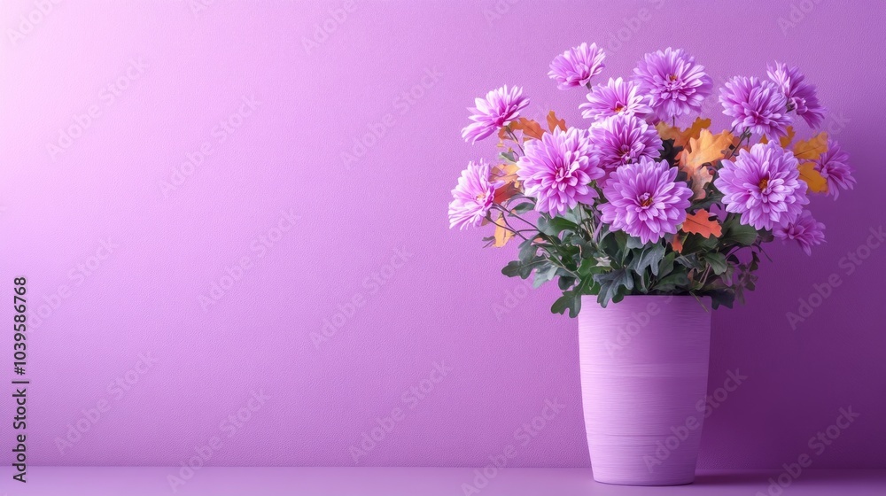 A beautiful arrangement of purple flowers in a pot, positioned against a soft purple backdrop, creating a serene and uplifting atmosphere A beautiful arrangement of purple flowers in a pot, positioned against a soft purple backdrop, creating a serene and uplifting atmosphere