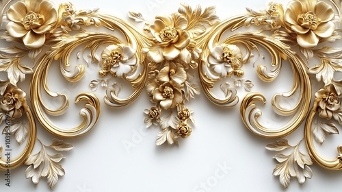 Golden Renaissanceinspired filigree swirls intertwining vintage floral scrolls and rich ornamental elements in an opulent 3D design set against a pristine white background