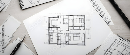 Planos de un edificio sobre la mesa de arquitecto photo