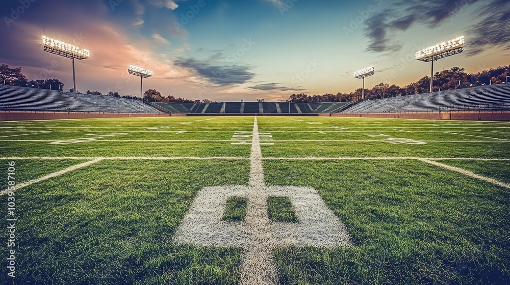 Obraz premium A high school football field with empty bleachers, illuminated by the glow of stadium lights, showcasing a peaceful scene before game night.
