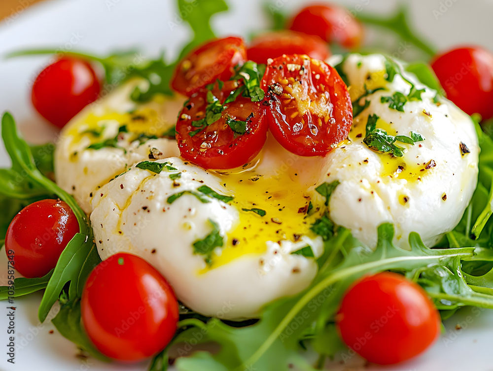 Ensalada de burrata mozarela , tomate y rucula Ensalada de burrata mozarela , tomate y rucula