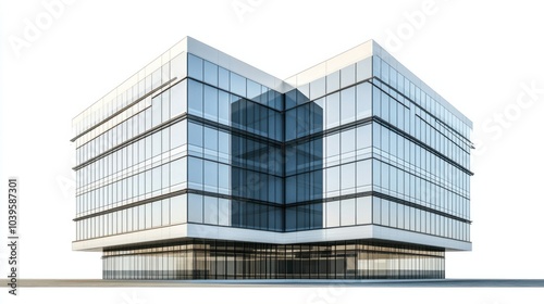 Sleek multi-story office building with geometric patterns and reflective glass fade, isolated on white background