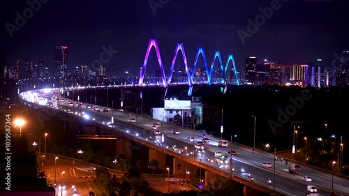 Hanoi skyline at twilight at Vo Chi Cong street, leading to Nhat Tan cable stayed bridge, Dong Anh district.Travel and landscape concept photo