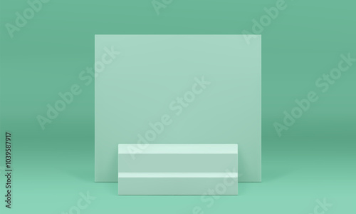 Light green 3d podium pedestal staircase with wall background realistic vector illustration. Trendy minimalist showcase stairs mockup for product show presentation sale shopping showroom