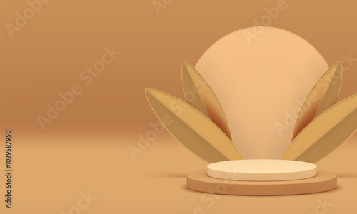 3d neutral podium with round wall background and golden leaf for show realistic vector illustration. Beige cylinder pedestal luxury commercial geometric stand showroom for product presentation