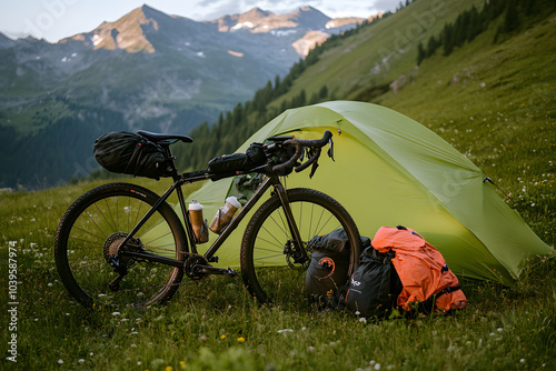 bicicleta gravel con bolsas de bikepacking con tienda de campaña en entorno de montaña