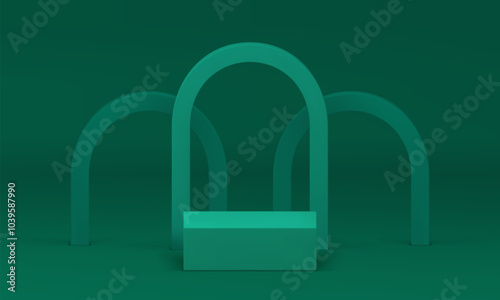 Squared podium pedestal green arch wall background for show realistic vector illustration. Minimalist aesthetic stage with abstract geometric shapes backdrop mockup for product commercial advertising