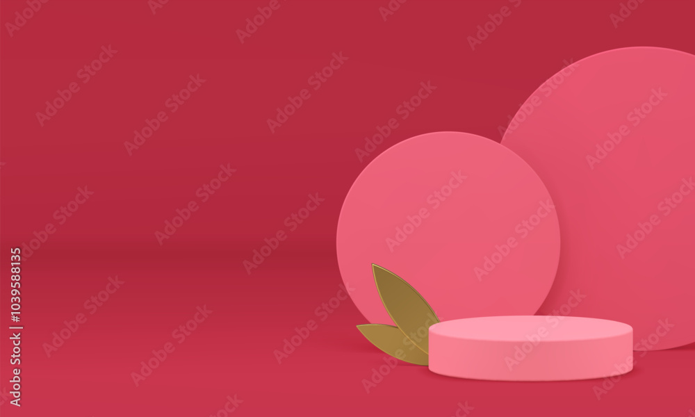 3d pink cylinder podium with golden leaves for luxury feminine product show realistic vector illustration. Elegant trendy round pedestal with wall background for cosmetic shopping sale advertising