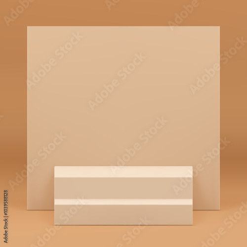 Beige 3d podium stairs with squared wall background for show realistic vector illustration. Neutral pastel trendy minimalist staircase pedestal mock up for cosmetic product presentation shopping sale