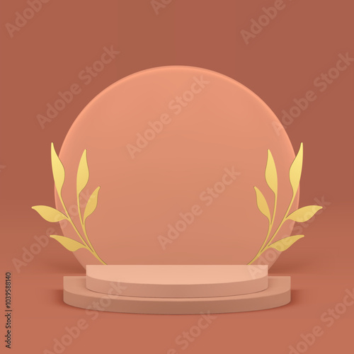 3d beige semicircle podium luxury pedestal for product show realistic vector illustration. Neutral pastel trendy elegant display with golden branch and round wall background for presentation