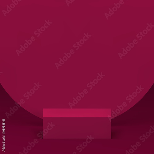 3d purple pink squared podium with round wall background for product show realistic vector illustration. Trendy showcase minimalist pedestal with abstract circle shape mockup for presentation