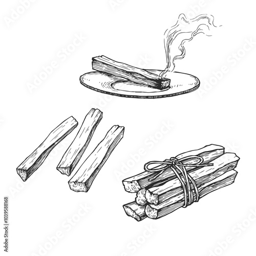 Vector set of hand-drawn illustrations of palo santo wood sticks isolated on white. Sketches of burning incense and a bunch of aroma sticks.